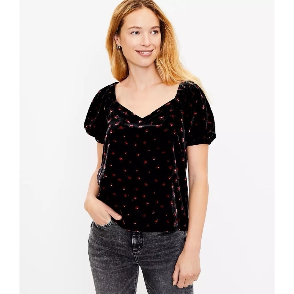 LOFT Velvet Floral Puff Sleeve Top